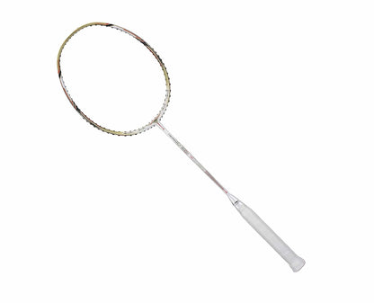 A Li-Ning Aeronaut 9000 4U Badminton Racket in White and Pale Gold features a tightly strung oval head and boasts a metallic frame made from military-grade carbon fiber. The racket is stylishly displayed against a plain white background.