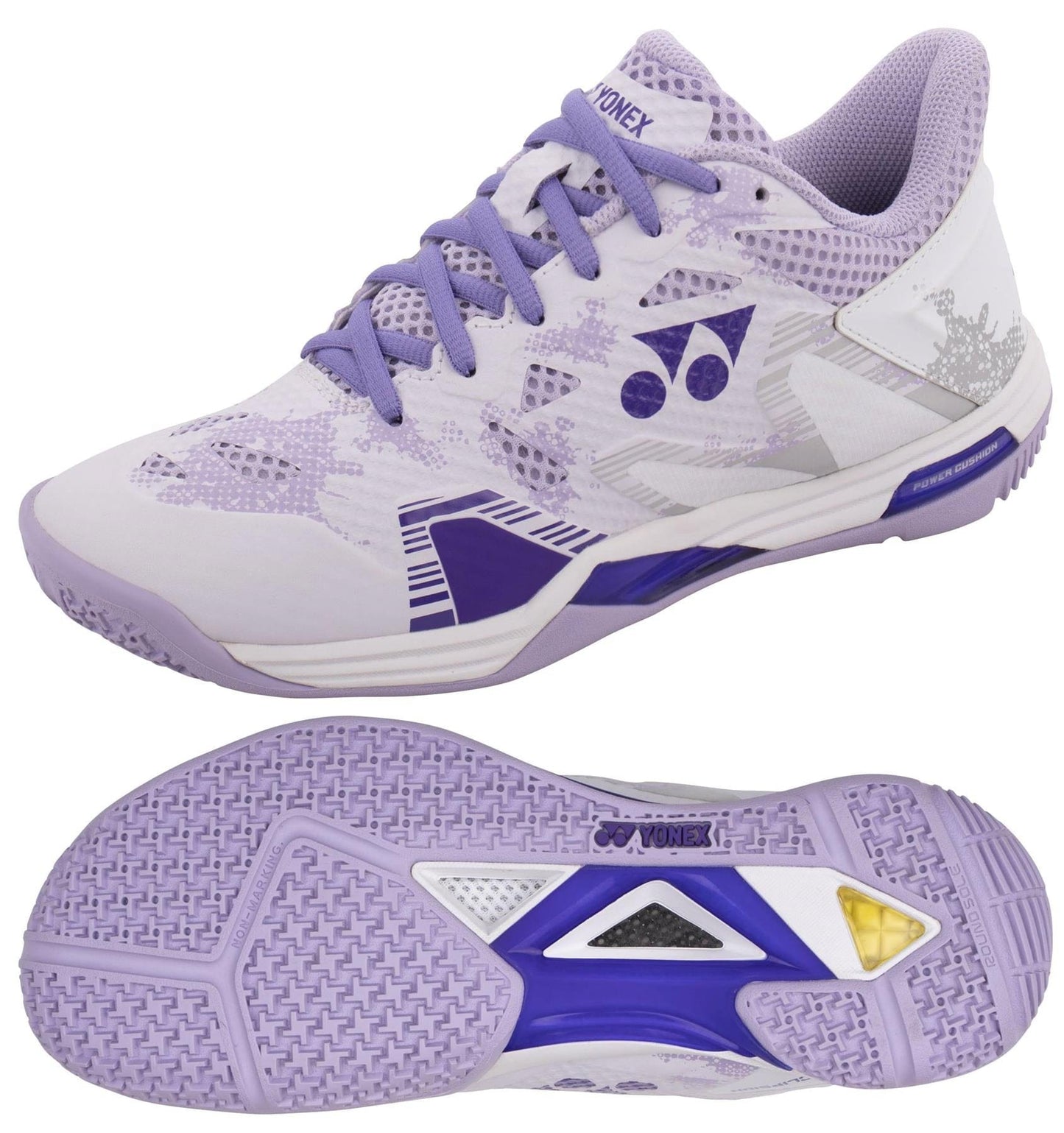 These Yonex Power Cushion Eclipsion Z3 Women's Badminton Shoes feature a white and purple color scheme, with an upper displaying abstract patterns. The textured sole offers excellent grip and stability, while the Yonex logo is prominently displayed on both the side and tongue.