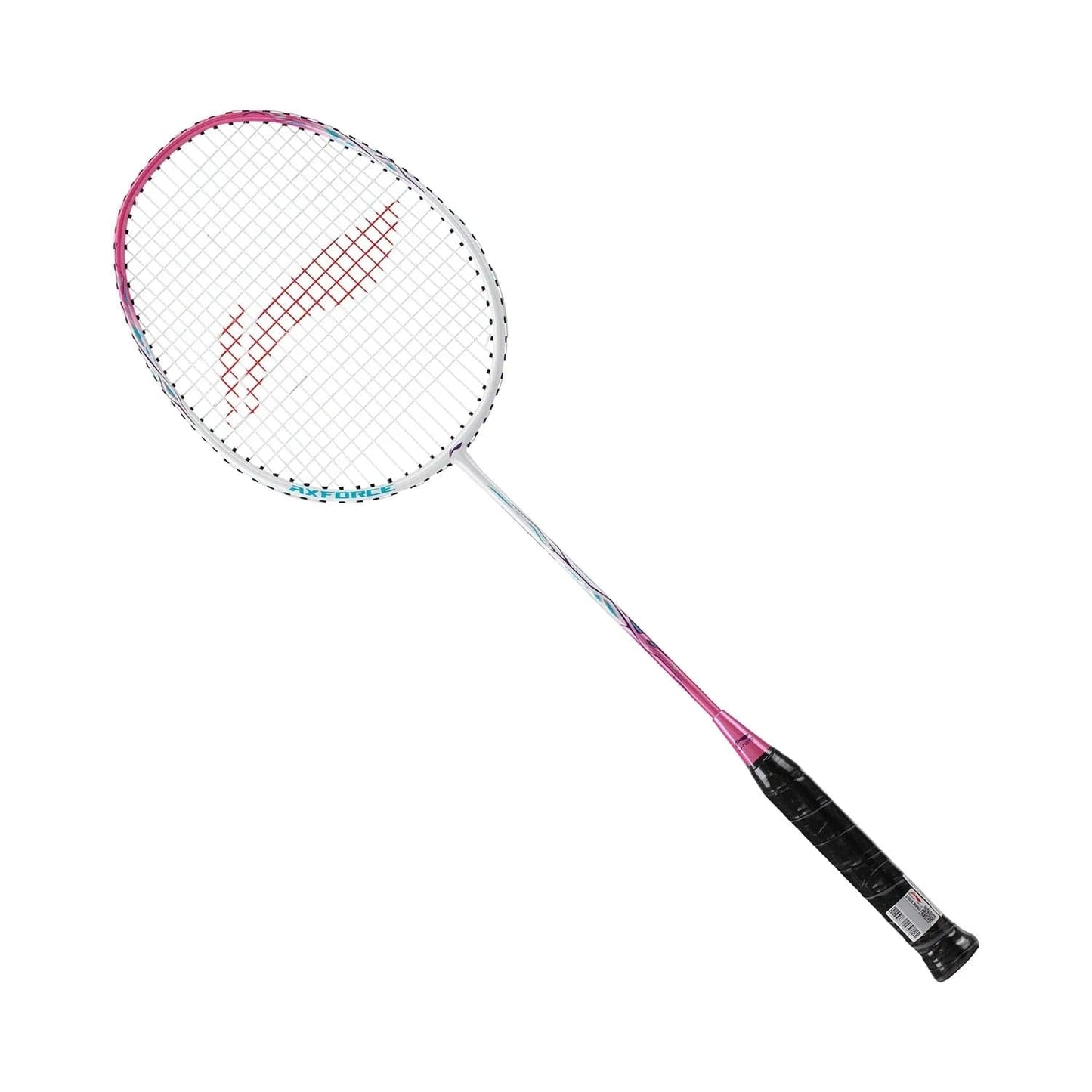 The Li-Ning Axforce 9 3U Badminton Racket in Carmine Rose by Li-Ning is a head-heavy racket featuring a stylish pink and black handle paired with an oval netted head. The frame, predominantly white, is accented with vibrant pink details, while the strings are meticulously arranged in a grid pattern within the head to enhance performance.