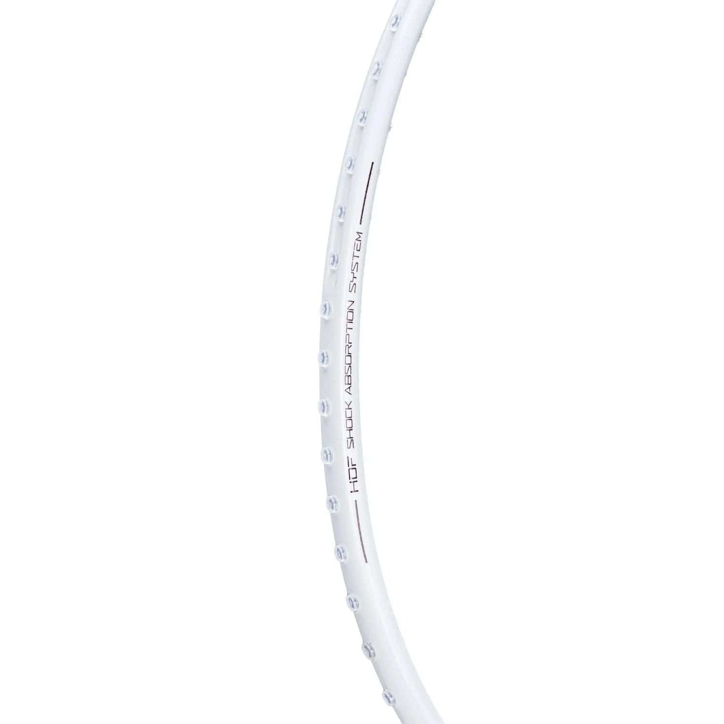 A detailed view of the Li-Ning Turbo Charging Marshal 4U Badminton Racket - White frame, featuring the phrase "H.M. Shock Absorption System." Its sleek and minimalist design offers both power and control, displayed against a plain white background.