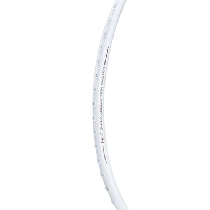 A detailed view of the Li-Ning Turbo Charging Marshal 4U Badminton Racket - White frame, featuring the phrase "H.M. Shock Absorption System." Its sleek and minimalist design offers both power and control, displayed against a plain white background.