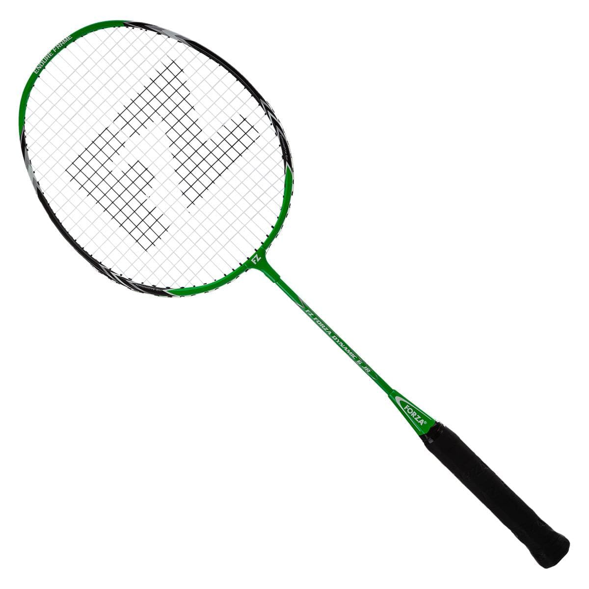 The FZ Forza Dynamic 6 Junior Badminton Racket in bright green, by FZ Forza, boasts a sophisticated green and black design with a grid string pattern featuring their logo. The black grip on the handle offers both comfort and control, while its head-heavy balance makes it an ideal choice for young players beginning their badminton journey.