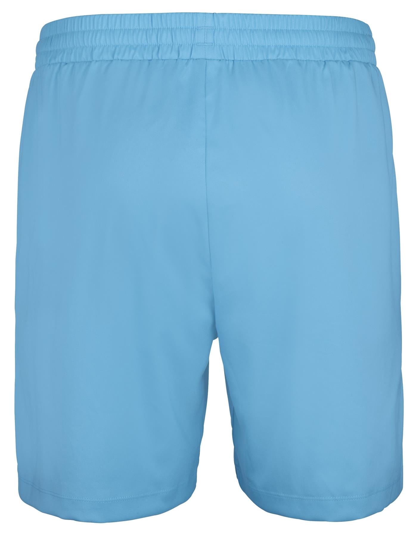 The Babolat Play Men's Badminton Shorts in Cyan Blue, crafted from recycled polyester fabric, include an elastic waistband. Pictured from the back against a white background, they are ideal for individuals who appreciate both style and sustainability in their athletic wear.