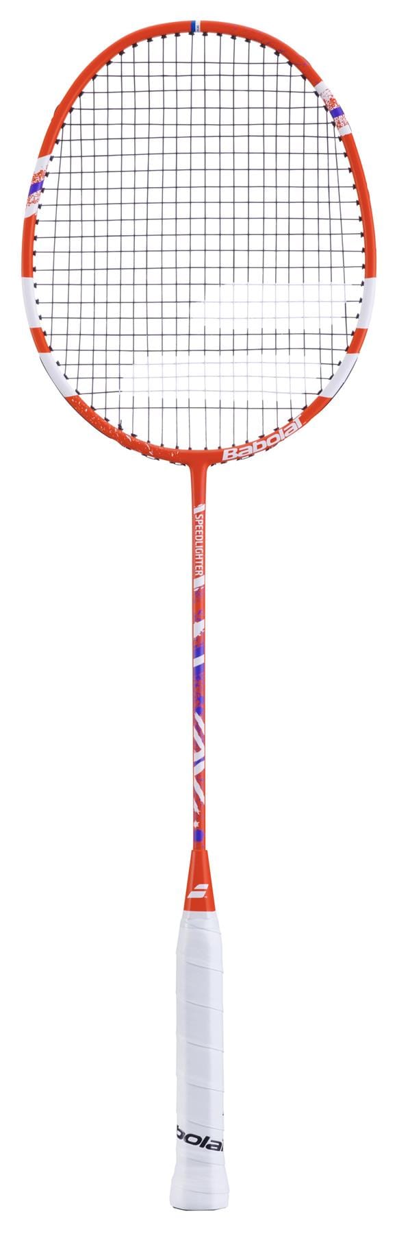 The Babolat Speedlighter Badminton Racket - Red is a stunning junior model featuring a vibrant red and white color scheme with Babolat branding on the shaft. It is equipped with a black and white string net and has a head-heavy balance to enhance powerful play. The handle features an elegant white grip, showcased vertically against a pristine white background.