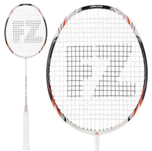 Introducing the FZ Forza Light 3.1 Badminton Racket in Fiery Coral, a product by FZ Forza. This lightweight racket is made from ultra-high modulus graphite and showcases a sleek white frame accented with black and orange details. The string pattern highlights the distinctive "FZ" branding, and the handle is equipped with white grip tape for superb control and manoeuvrability.