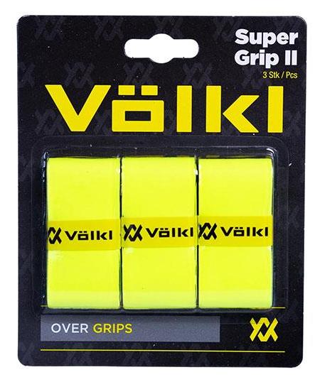 A pack of three Volkl Super Grip II badminton overgrips in vibrant yellow is presented in black packaging with striking yellow text, showcasing the brand logo and product name. The design emphasizes its premium polyurethane-coated overgrip features.