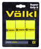 A pack of three Volkl Super Grip II badminton overgrips in vibrant yellow is presented in black packaging with striking yellow text, showcasing the brand logo and product name. The design emphasizes its premium polyurethane-coated overgrip features.