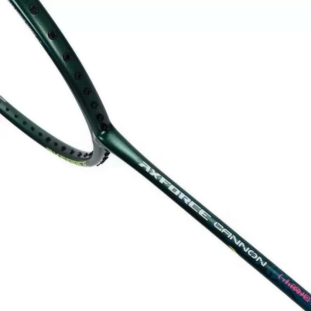 Close-up of a Li-Ning Axforce Cannon Badminton Racket in black and green with "AXFORCE CANNON" displayed on the shaft, showcasing its offensive style. The frame, utilizing High Carbon technology, features small holes and a sleek design against a white background.