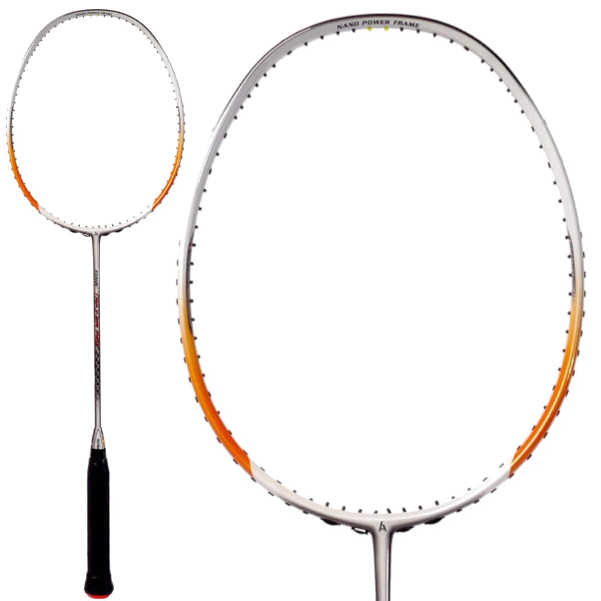 The Ashaway Trainer Pro Badminton Racket in Silver/Orange, designed with Nano Carbon technology, complements a shuttlecock for an improved playing experience.