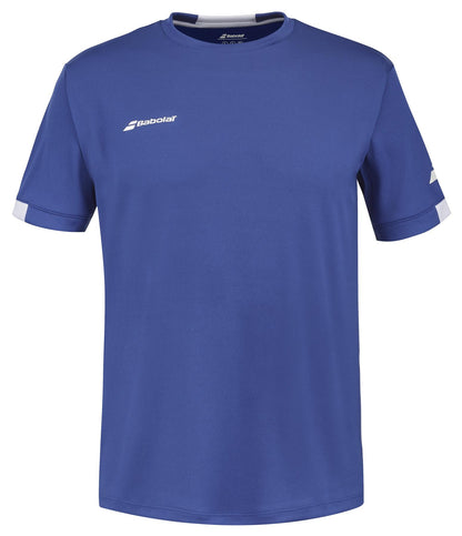 The Babolat Play Men's Crew Neck Badminton T-Shirt in Sodalite Blue is made from Fiber Dry-polyester and includes a crew neck with short sleeves. The Babolat logo is printed in white on the left chest and right sleeve, accompanied by white detailing on the arm edges. This t-shirt offers a quintessential athletic design ideal for any fan of Babolat Play.