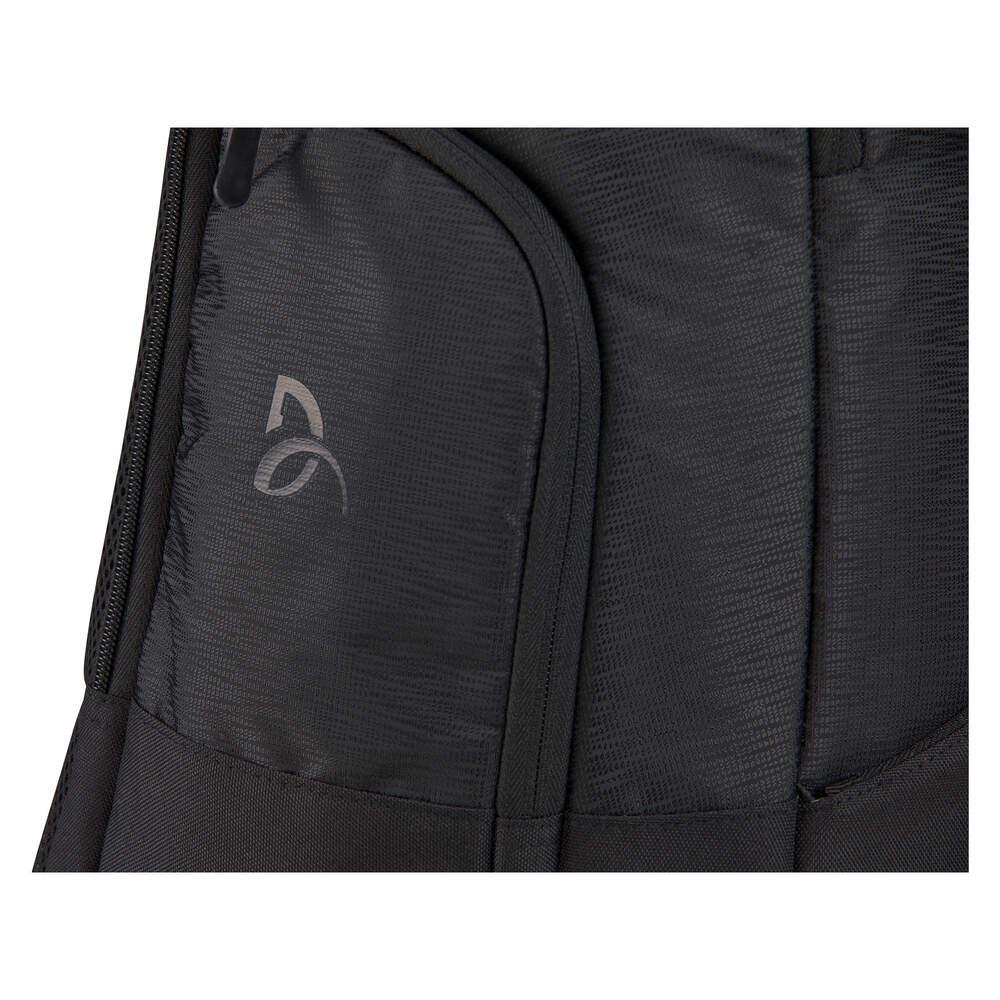 Close-up image of the HEAD Pro X Legend 28L Badminton Backpack - Black, highlighting its sleek stitching. A small, gray logo with two curved shapes is visible on the side. The texture is durable and reflective under light, and a designated racquet compartment emphasizes the eco-conscious initiatives incorporated into its thoughtful design.