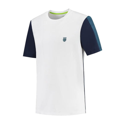 The K-Swiss Hypercourt Crew Tee 3 Men's Badminton T-Shirt is designed from breathable polyester and showcases a white fabric with dark blue sleeves, complemented by a small emblem on the chest. A lighter blue stripe enhances its casual fit.