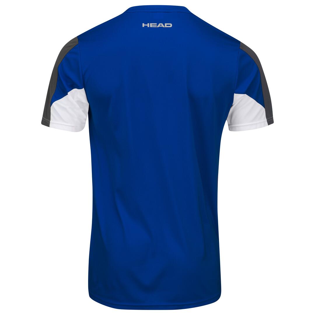 The image displays the back view of the HEAD Club 22 Men's Tech Badminton T-Shirt in Royal Blue. This shirt features blue as its main color, complemented by black, white, and gray accents on the sleeves. Made from moisture transfer microfiber, the word "HEAD" is printed in white on the upper back.