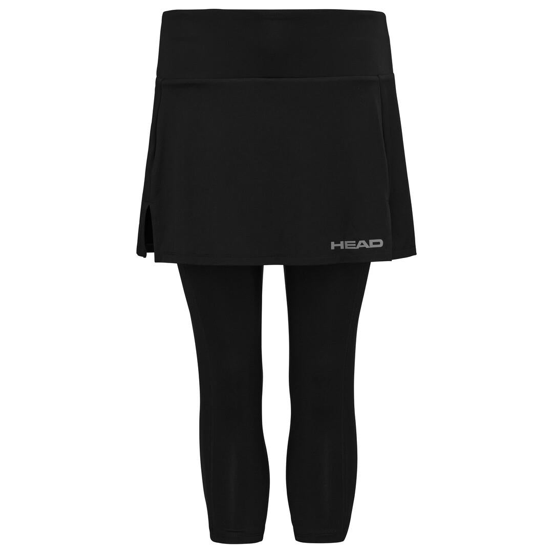 A black HEAD Women's Club 3/4 Tights Badminton Skort, featuring attached tights and a knee-length design with a small slit on one side. The skort prominently displays the "HEAD" brand name on the lower right and is crafted with Moisture Transfer Microfibre for superior comfort and performance.