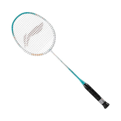 The Li-Ning Axforce 9 3U Badminton Racket - Kingfisher Green showcases a stylish design with a teal and white shaft, paired with a black grip. This head-heavy racket includes tightly woven strings for improved performance on the court.