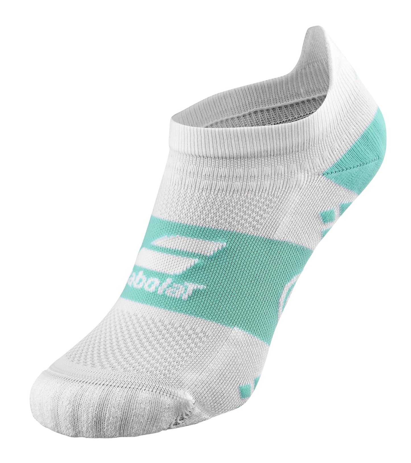 Introducing the Babolat Pro Crew Women's Badminton Socks in White/Cockatoo—an athletic no-show sock designed specifically for badminton. These socks feature a white base highlighted with light green accents and the iconic Babolat branding. Engineered with Dri-Release technology and 360-degree support, they offer a cushioned sole for enhanced comfort and optimal performance on the court.