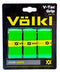 A set of three Volkl V-Tac Badminton Overgrips in vibrant green, presented in a plastic package. The tacky texture provides an outstanding grip. The packaging features the "Volkl" branding in yellow and includes product details for easy identification.