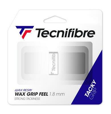 The Tecnifibre Wax Feel Replacement Badminton Grip - White highlights its advanced Wax Grip technology, offering features like "Wax Grip Feel" and "Strong Tackiness." This badminton grip boasts a 1.8 mm thickness and a stylish design in white, accented with blue and red branding elements.