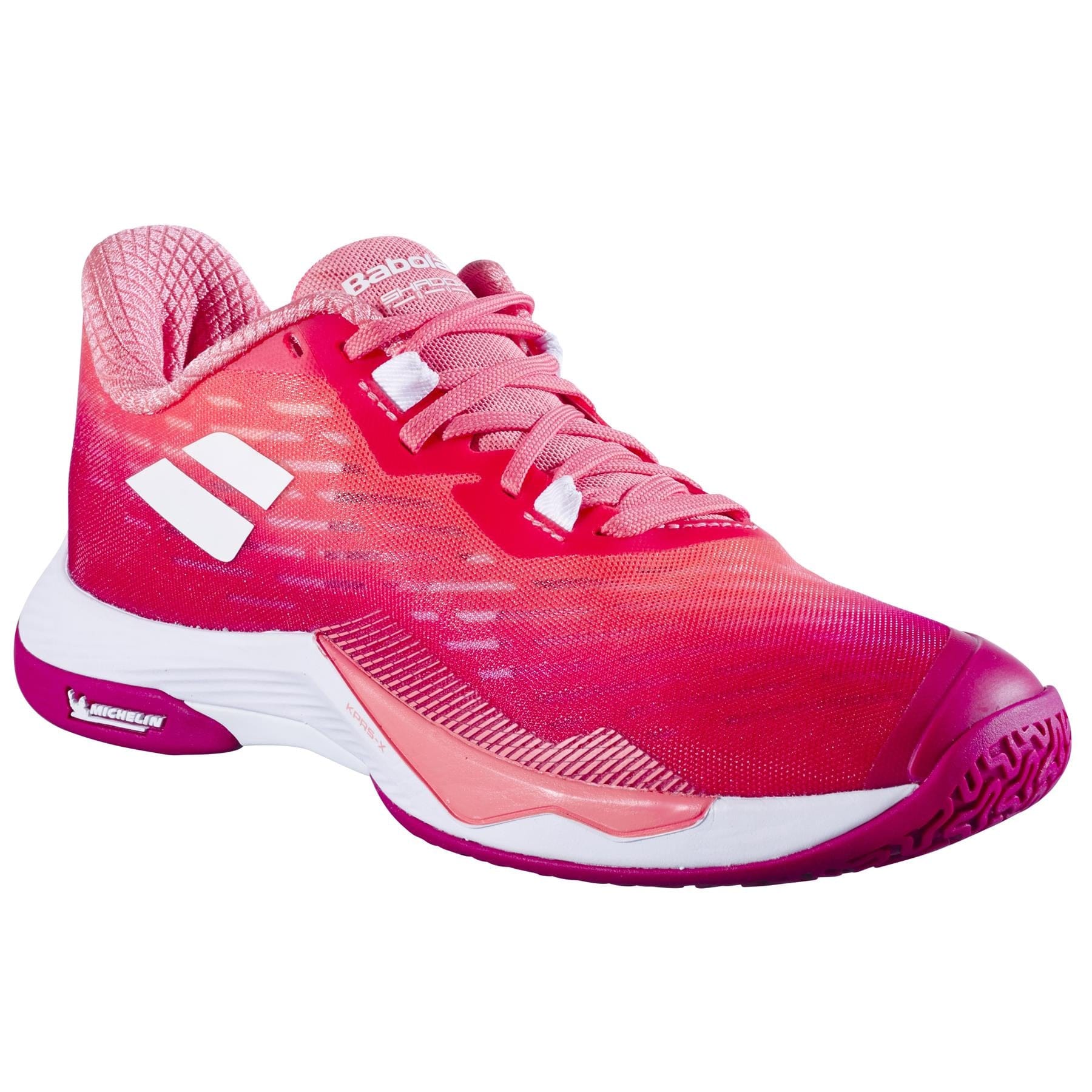 The Babolat Shadow Tour 5 Women's Badminton Shoes in Raspberry are vibrant pink athletic footwear, perfect for the badminton court. They feature a white sole and a lace-up design, showcasing a gradient pattern with logo details and reinforced heel and toe areas. These lightweight, breathable shoes offer excellent grip thanks to their textured outsole.