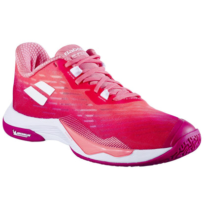 The Babolat Shadow Tour 5 Women's Badminton Shoes in Raspberry are vibrant pink athletic footwear, perfect for the badminton court. They feature a white sole and a lace-up design, showcasing a gradient pattern with logo details and reinforced heel and toe areas. These lightweight, breathable shoes offer excellent grip thanks to their textured outsole.