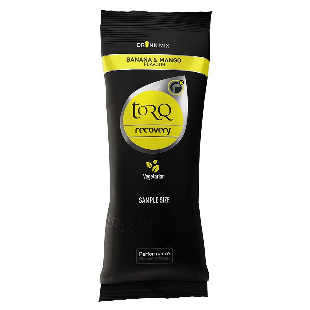 Torq's Recovery Sachet 50g in banana and mango flavor comes in a black and yellow packet, marked as "Vegetarian" and labeled as "Sample Size." This product is crafted to aid post-exercise performance recovery, utilizing Whey Protein Isolate to promote muscle rejuvenation.