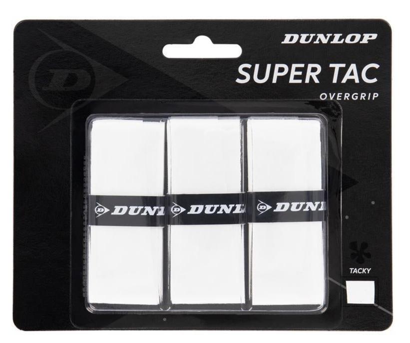 The Dunlop Super Tac Badminton Overgrip - 3 Pack - White comes in a sleek black package with white and silver text, containing three white grips. Renowned for its exceptional tacky feel and superior sweat absorption, this overgrip provides a confident hold during intense matches.