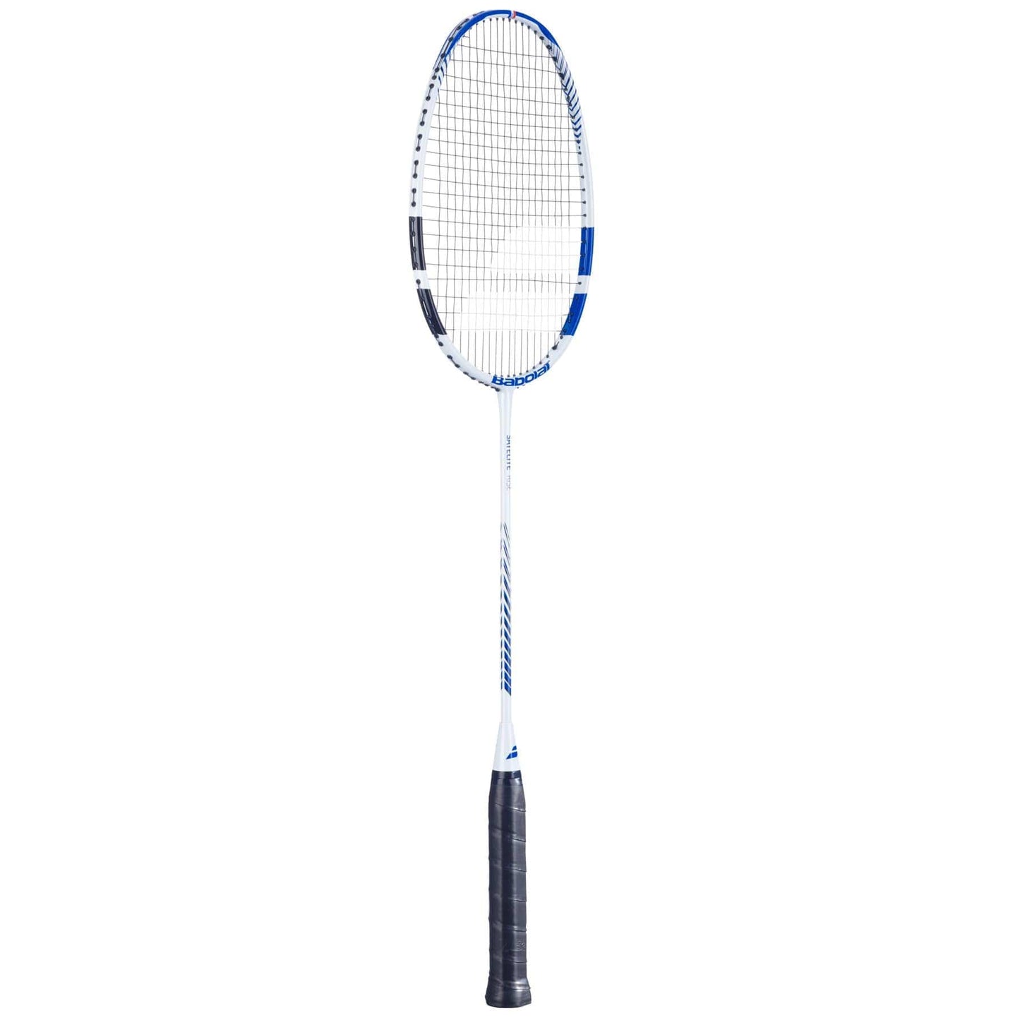 The Babolat Satelite Rise Badminton Racket - Blue / White features a black grip, an oval head with strings, and an extended shaft. Its head light design improves maneuverability, while the Shot Optimizer technology provides precise control for every game.