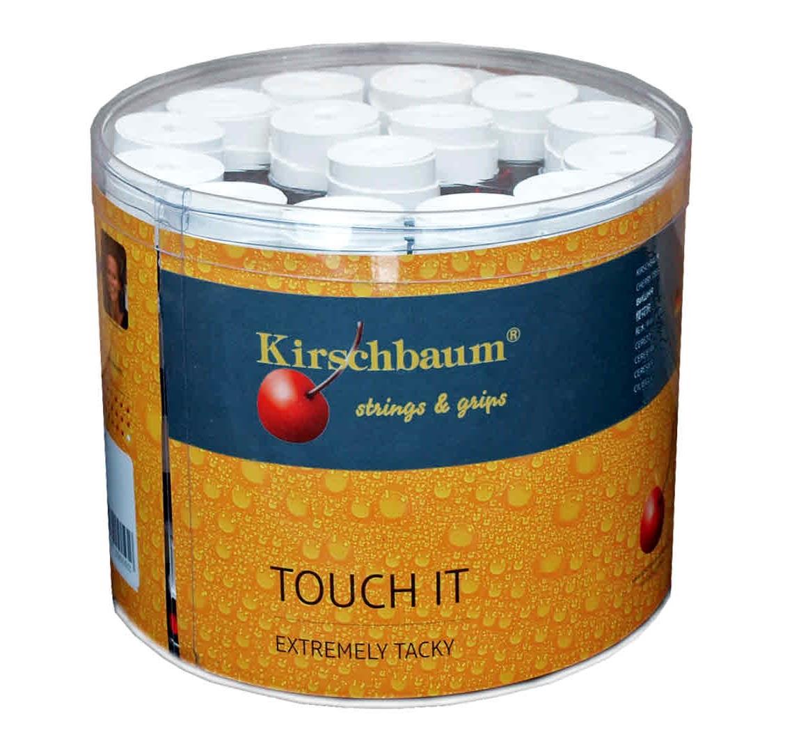 A cylindrical container of Kirschbaum "Touch It" badminton overgrips is designed with a vibrant label featuring water droplet patterns and the iconic cherry logo. The text emphasizes the grips' superior absorption and durability, ensuring they maintain excellent tackiness during intense matches.