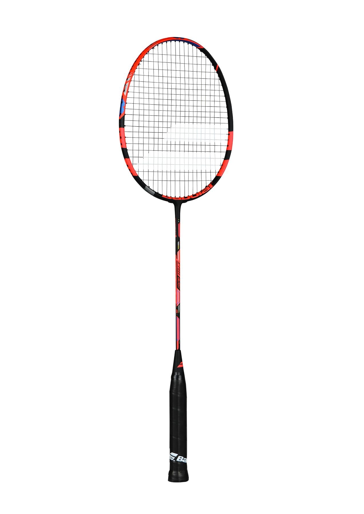 The Babolat X-Feel Blast Badminton Racket in Red, by Babolat, showcases a sporty red and black design with XP Aero Tubing to boost swing speed. Its mesh string pattern pairs well with its head-heavy frame, while the elongated shaft and black grip handle offer precise control, accented by striking red and white details.