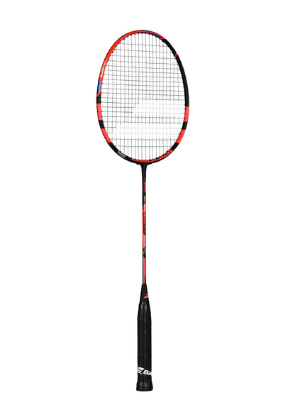 The Babolat X-Feel Blast Badminton Racket in Red, by Babolat, showcases a sporty red and black design with XP Aero Tubing to boost swing speed. Its mesh string pattern pairs well with its head-heavy frame, while the elongated shaft and black grip handle offer precise control, accented by striking red and white details.