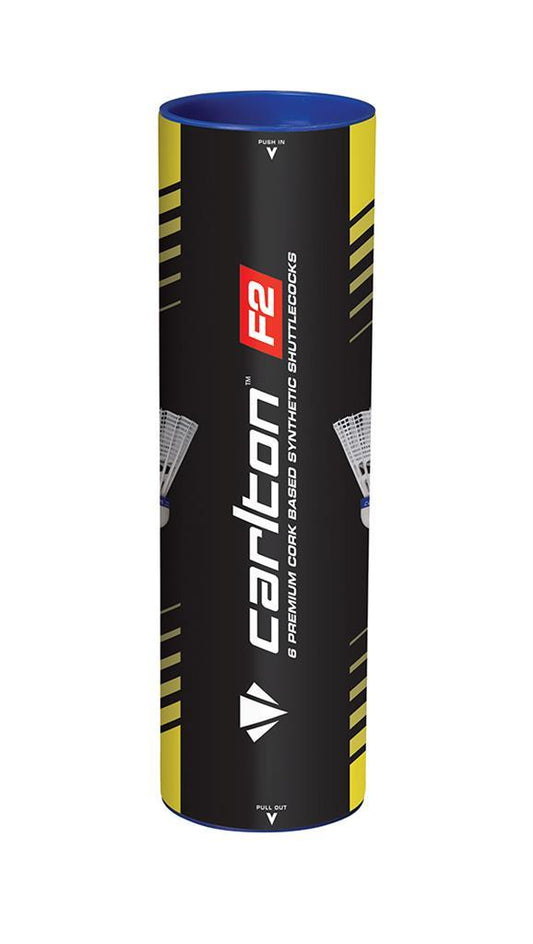 A sleek black cylindrical tube with a striking blue cap, labeled "Carlton F2 Ti White Fast Badminton Nylon Shuttles," holds six high-quality cork-based synthetic shuttlecocks. The packaging, adorned with eye-catching yellow accents and shuttlecock imagery, enhances the sophisticated presentation of these premium synthetic feather shuttles.