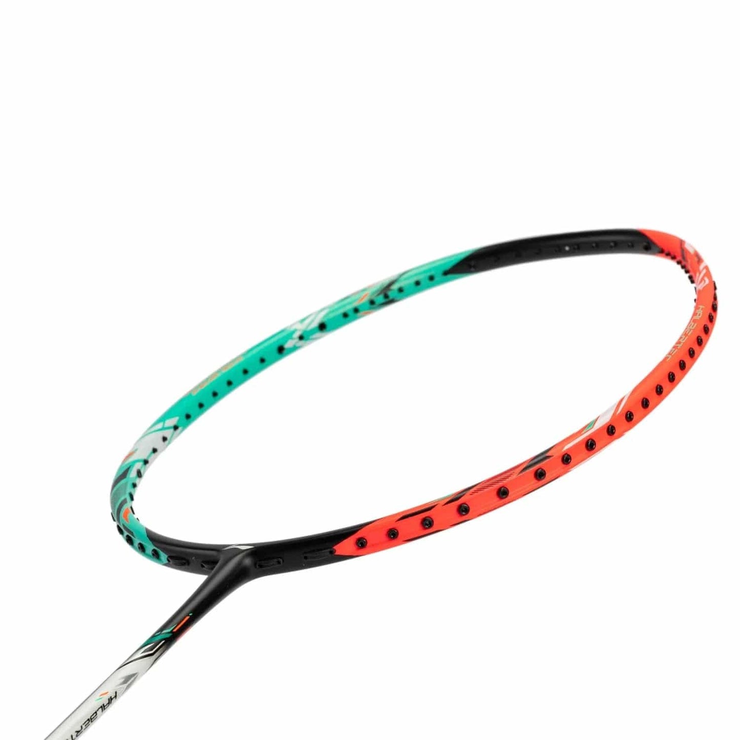 Close-up of a Li-Ning Halbertec 7000 4U badminton racket head with the strings removed. The frame exhibits a dynamic gradient of Arcadia green and Orange Juice hues, accented by black, emphasizing its elegant design and striking colors.