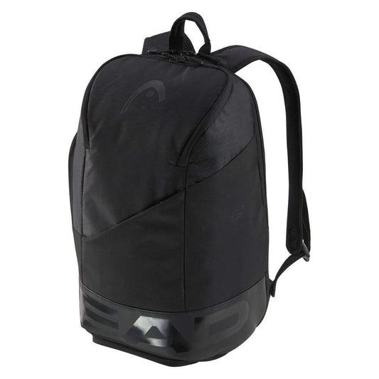 The HEAD Pro X Legend 28L Badminton Backpack - Black features a stylish and modern design with its dedicated racquet compartment, convenient top handle, and adjustable shoulder straps. "HEAD" is prominently displayed on the bottom front, highlighting both its fashionable appeal and commitment to eco-friendly practices.