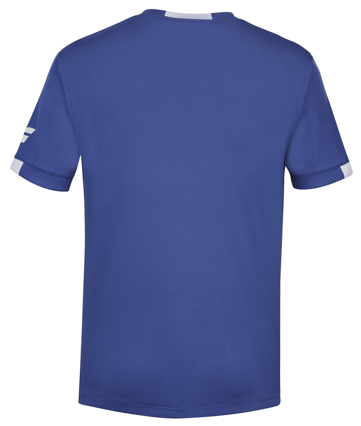 The Babolat Play Men's Crew Neck Badminton T-Shirt in Sodalite Blue showcases a back view of its design, composed of Fiber Dry-polyester. Highlighted by a solid color scheme, it features white detailing on the sleeve cuffs and near the collar, seamlessly blending style with performance.