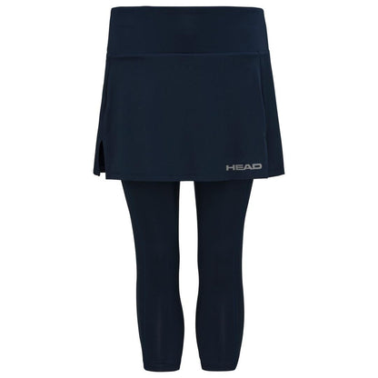 A dark blue badminton skort with attached 3/4 leggings designed for athletic wear, featuring moisture transfer microfibre. The skort has a slit on the side and displays the "HEAD" brand logo near the hem. Ideal for dynamic sports enthusiasts seeking comfort and performance.