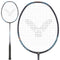 The Victor Thruster K 6 C 4U "Moonless Night" badminton racket from Victor features a sleek black and blue frame with a black handle and Power Box technology. Its front view highlights a grid of white strings with a patterned design, complemented by a smaller side view.