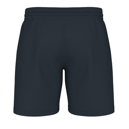 A pair of plain navy athletic shorts designed for badminton, featuring a sleek design and an elastic waistband from HEAD Performance. These shorts incorporate 4-way stretch technology for ultimate flexibility and utilize Moisture Transfer Microfiber technology to ensure you stay dry. Displayed against a white background, they offer the perfect blend of style and functionality.