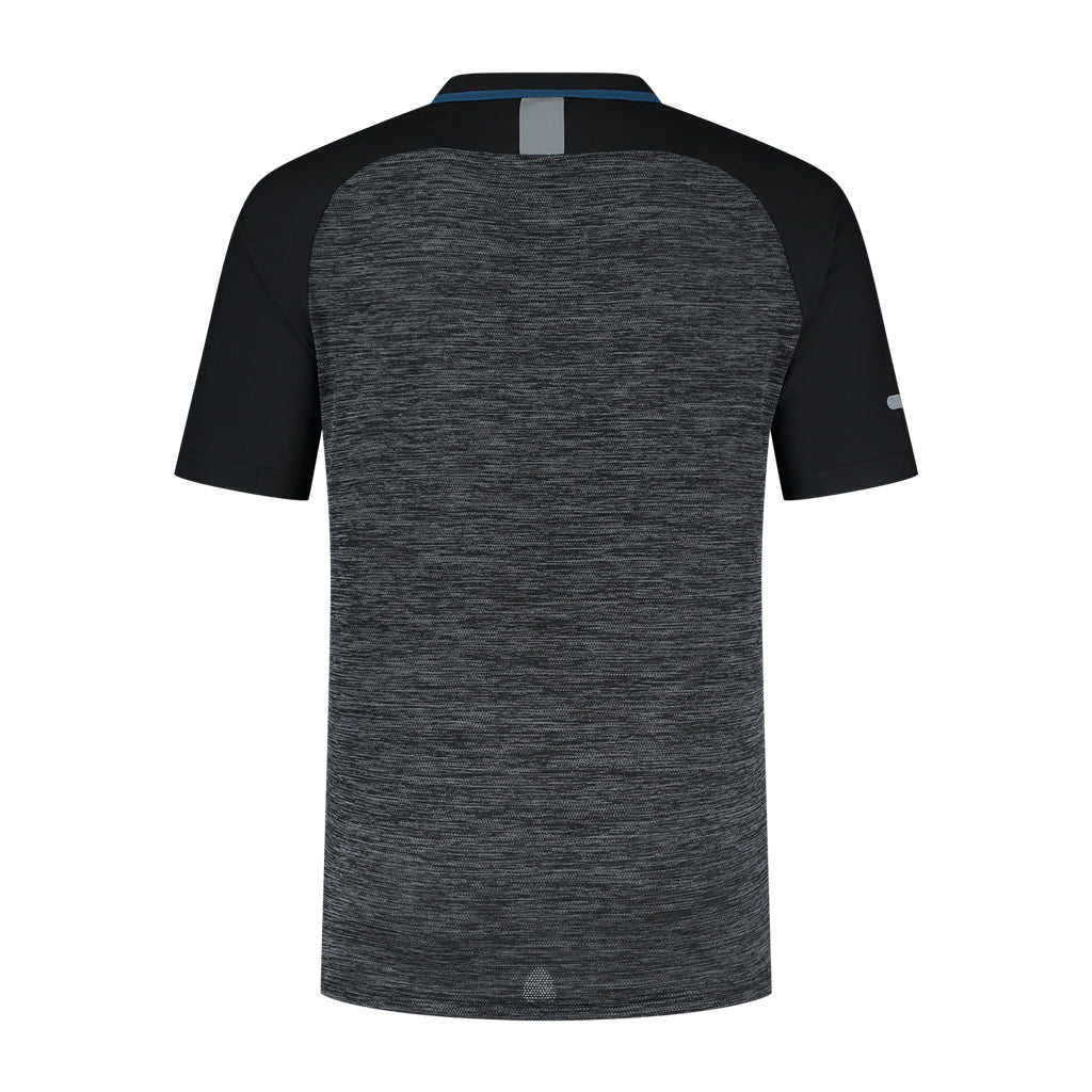 The image portrays the back view of the K-Swiss Tac Hypercourt Double Crew 2 Badminton T-Shirt in Jet Black, highlighting its heather gray body accentuated by black sleeves and collar. Meticulously crafted for a quality fit and durability, it includes a small reflective strip near the neckline on the back.