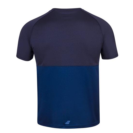 The Babolat Men's Play Crew Neck T-Shirt in Estate Blue showcases a stylish two-toned design featuring a darker upper section and a lighter lower half. Made from Fiber Dry polyester, this breathable and athletic fabric is perfect for workouts as well as casual outings.