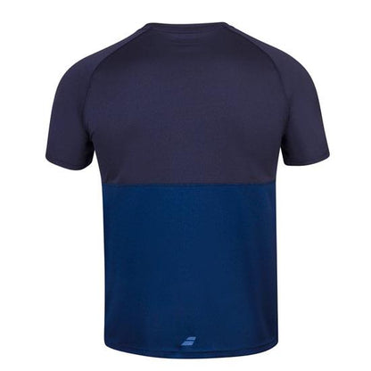 The Babolat Men's Play Crew Neck T-Shirt in Estate Blue showcases a stylish two-toned design featuring a darker upper section and a lighter lower half. Made from Fiber Dry polyester, this breathable and athletic fabric is perfect for workouts as well as casual outings.