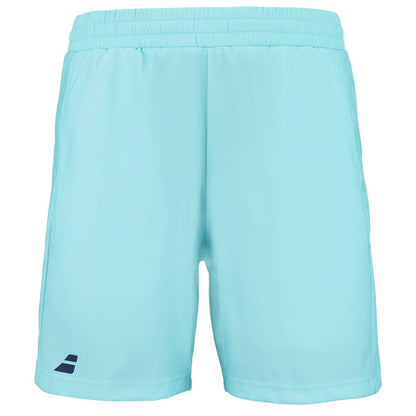 Angel blue Babolat Play men's badminton shorts equipped with 360 MOTION technology and an elastic waistband, featuring a small dark blue logo on the lower left side.