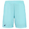 Angel blue Babolat Play men's badminton shorts equipped with 360 MOTION technology and an elastic waistband, featuring a small dark blue logo on the lower left side.