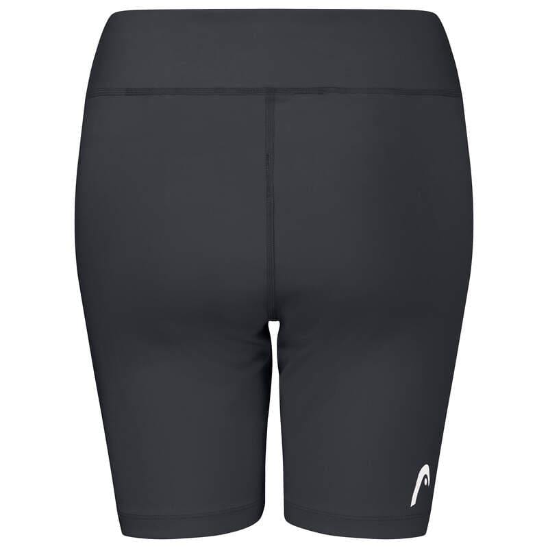 The HEAD Vision Women's Short Tights in black are shown from the rear, emphasizing their seamless high waistband and a small white logo on the lower right leg. These athletic shorts are designed with Moisture Transfer Microfiber for enhanced comfort and performance.