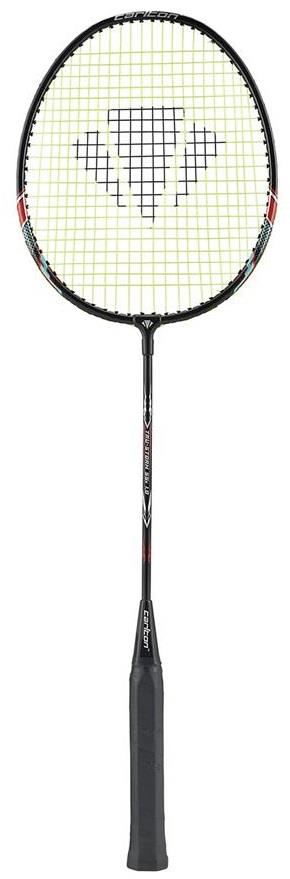 The Carlton Tru-Storm SSx 1.0 Badminton Racket - Black by Carlton is designed for beginners, featuring a unique black and green color scheme with red and white highlights. It includes a comfortable black grip and prominently displays its triangular logo on the string bed, offering both style and functionality for new players.