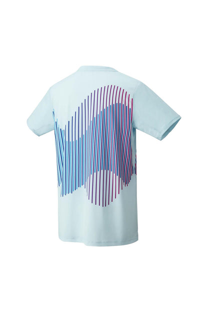 This Yonex 10562 Crew Neck Men's Badminton T-Shirt in Crystal Blue features a unique back design with vertical lines in shades of blue, purple, and pink creating wave-like patterns. With short sleeves and a plain front, it provides excellent ultraviolet protection for comfortable outdoor play.