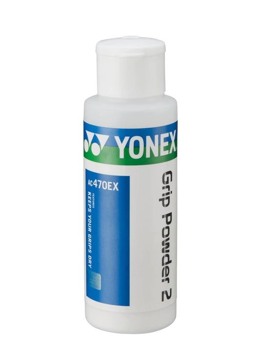 The Yonex AC470EX Grip Powder 2, packaged in a white bottle, is designed to keep your grips dry and effectively absorb sweat. Effortlessly enhance your grip with this essential accessory from Yonex.