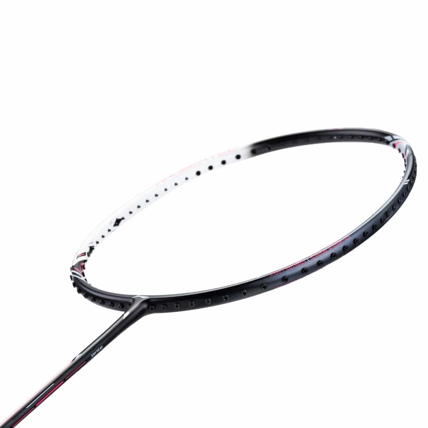 Close-up of a Li-Ning Halbertec 2000 4U Badminton Racket - Cool Ebony against a white background, showcasing its frame and string-less head. The predominantly black frame, made from high-quality carbon material, is enhanced with striking red and white accents for a sleek appearance.