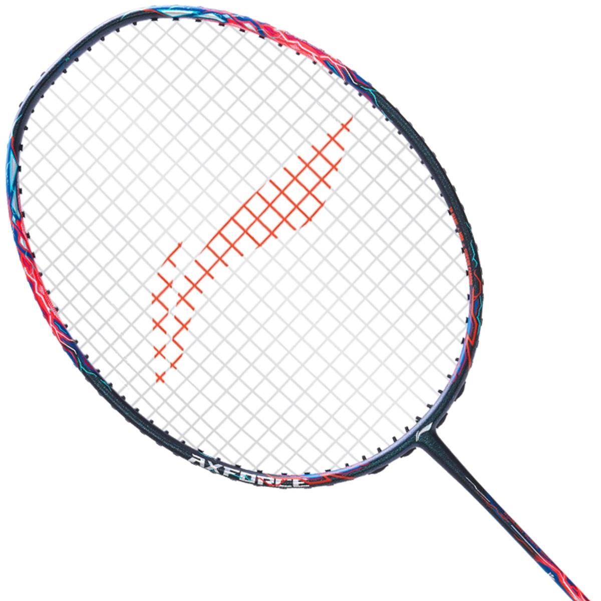 The Li-Ning Axforce 90 Tiger Max 4U badminton racket from Li-Ning showcases a sleek black design with eye-catching blue and red accents. Designed for advanced players, this racket features a dynamic red pattern on tightly strung strings, delivering precision and power with every swing.