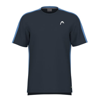 The HEAD Vision Slice Men's Badminton T-Shirt in navy features light blue stripes on the sleeves and shoulders, along with a small white logo on the left chest. Made by HEAD, it utilizes Sportswear MXM technology to offer a sleek and minimal design with Moisture Transfer Microfiber for enhanced comfort.