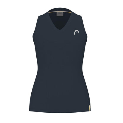 The HEAD Performance Women's Badminton Tank Top in navy is a sleeveless V-neck design with a small white logo on the upper left side. This fitted tank top, made from smooth, stretchy fabric, features moisture transfer microfibre to ensure optimal comfort during workouts.